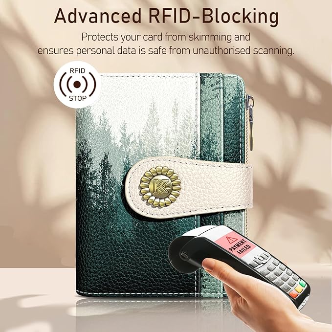 Kelvoris Forest Tree Small Rfid Women Wallet Bifold Zipper Coin Pocket PU Leather Compact Cash Credit Card Holder Travel Wallet for Female Ladies Teen Girls 1 ID Window 10 Card Slots