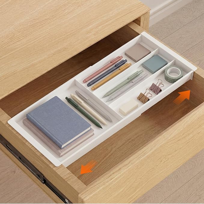 Briwooody Expandable Drawer Tray with Adjustable Dividers, 12.6-19.96 Inch Hanging Sliding Desk Organizer, 1.18'' Deep White Office Storage for Pens Paper Clips Sticky Notes Tape, Desk Accessories