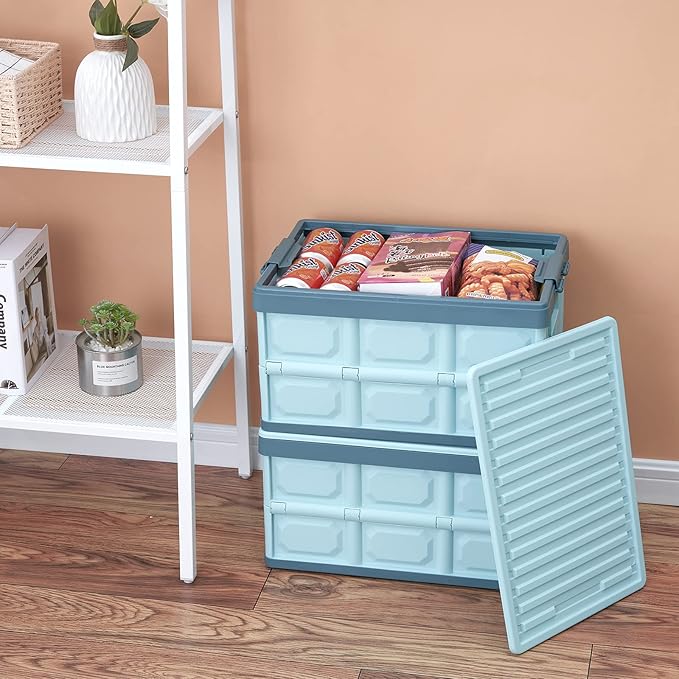 Blue Folding Plastic Stackable Utility Crates 2-Pack, Collapsible Storage Bins with Lids 30L, Durable Containers for Home & Garage Organization