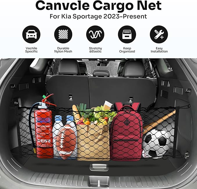 Canvcle Trunk Cargo Net for 2023-2025 2026 Kia Sportage Accessories Envelope Style Mesh Trunk Net Organizer and Storage Stretchable Adjustable Elastic Nylon Rear Cargo Netting with Hooks
