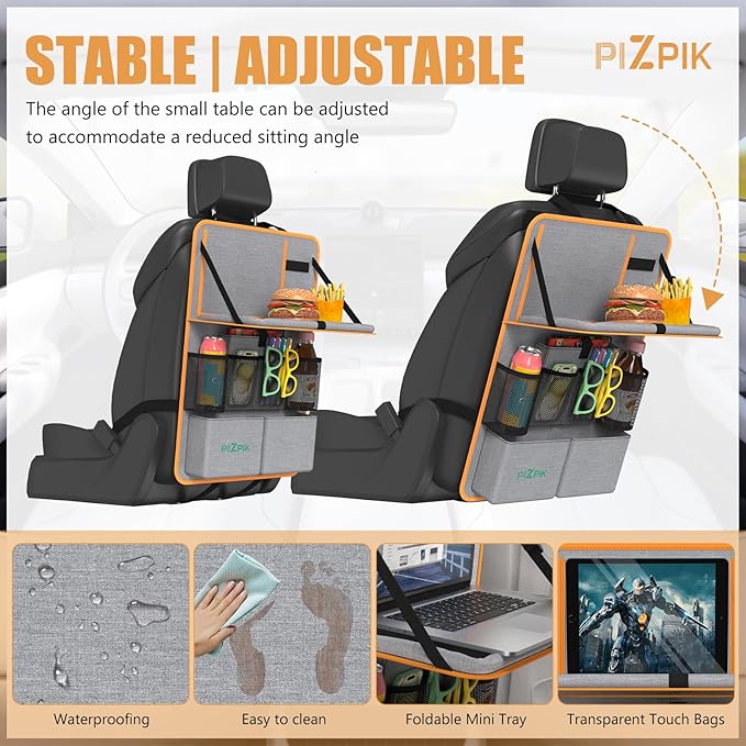 Plzpik Car Backseat Organizer with Tablet Holder,11 Storage Pockets with Foldable Food Tray, Protector Kick Mats for Kids, Travel Accessories Organizer (Orange, 2Pack)