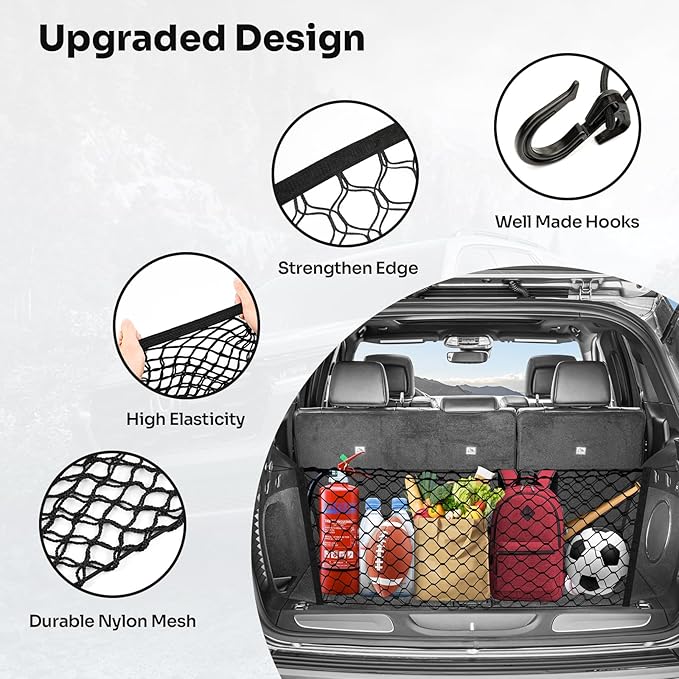 Canvcle Trunk Cargo Net for 2011-2021 Jeep Grand Cherokee Accessories Envelope Style Mesh Trunk Net Organizer and Storage Stretchable Adjustable Elastic Nylon Rear Cargo Netting with Hooks