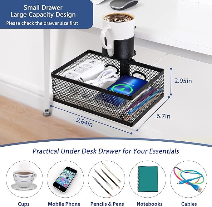 360 Rotating Under Desk Drawer Organizer with Cup Holder Clamp On Desk Drawer No Drilling Table Management Tray Anti-Slip Swivel Pencil Drawer Under Table Storage Easy Install for Home Office