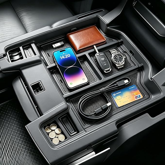 Autorder Center Console Organizer for 2019-2025 2026 Dodge RAM 1500 2500 3500 Accessories - ABS Material Armrest Storage Box Insert Tray - Black&Blue Liners