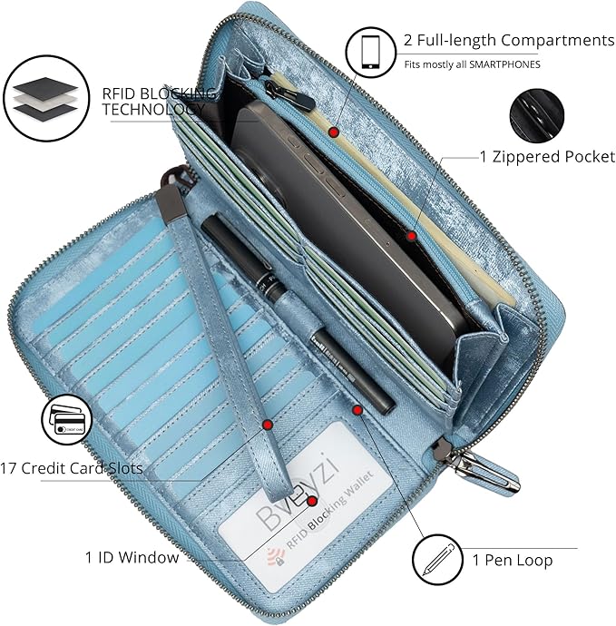 Bveyzi Women RFID Blocking Wallet Leather Zip Around Phone Clutch Large Capacity Ladies Travel Purse Wristlet | RFID Blocking, Zip Around, Large Capacity