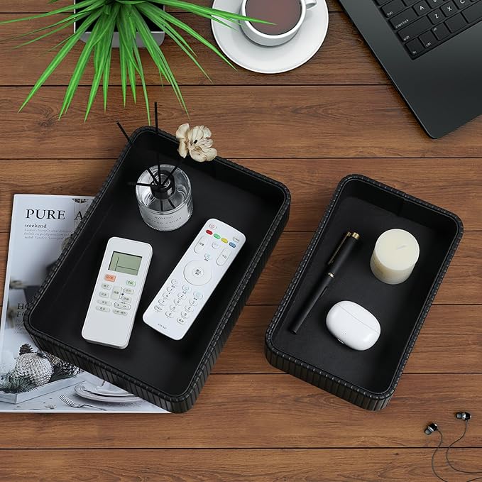Desk Organizer Tray, PU Leather Nightstand Organizer Perfume Valet Tray for Men Women, Decorative Vanity Trays Trinket Dish Key Bowl for Entryway Table (2pcs, Black, Large+Small)