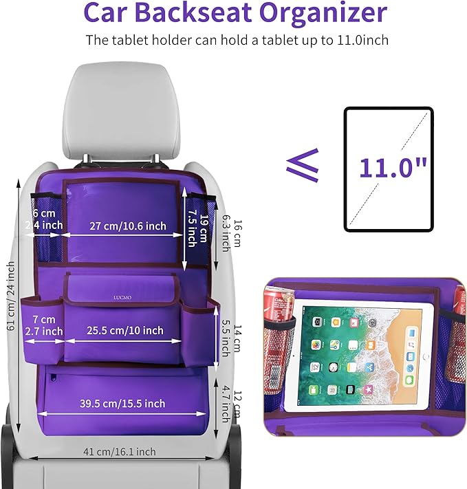 LUCMO Car Backseat Organizer with Touch Screen Tablet Holder,9 Storage Pockets Car Storage Organizer,Protectors Kick Mats Travel Accessories for Kids-Dark Purple
