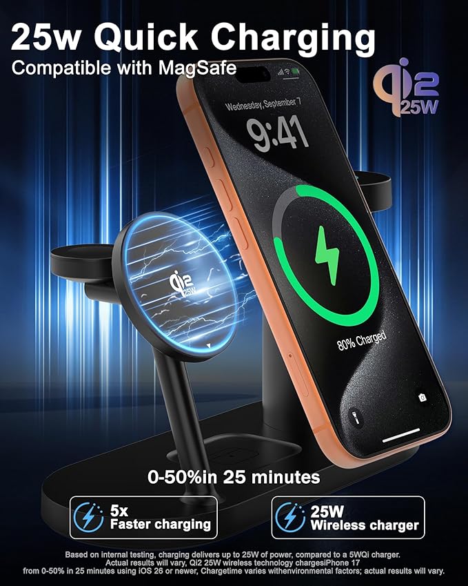 MagSafe Charger Compatible, 4-in-1 Charging Station, Qi2.2 25W Certified with LED Night Light/Magnetic Wireless Charger for iPhone 17/16/15,Apple Watch,AirPods,Pixel 10(45W Adapter Included)