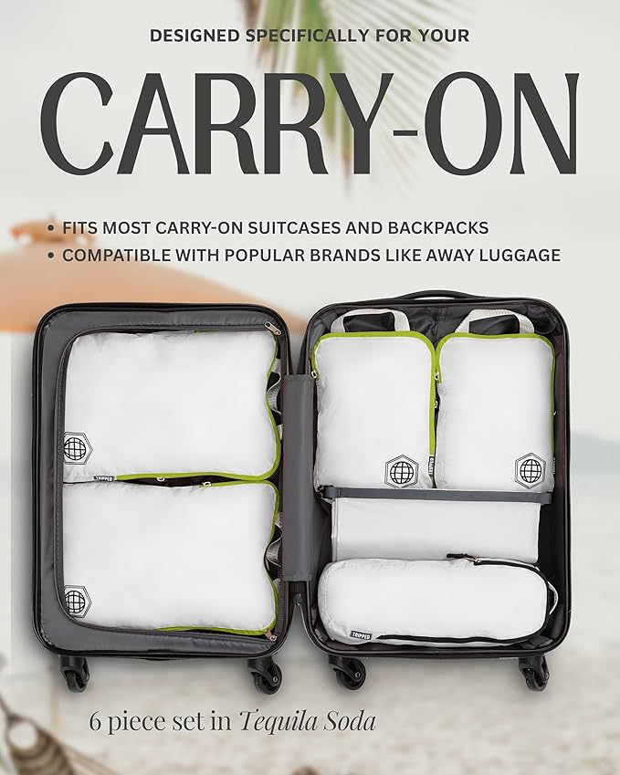 Compression Packing Cubes for Travel, 6-Piece Lightweight Packing Cubes Set for Carry-On Luggage & Backpacks – TRIPPED Travel Gear (White and Green)