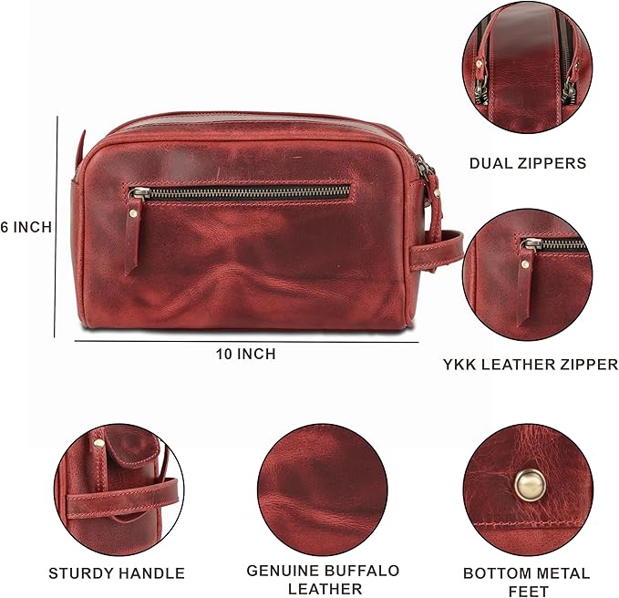 KomalC Leather Toiletry Bag for Men & Women – Handcrafted Travel Grooming Kit with Water-Resistant Lining and Secure Zipper Closure