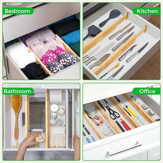 4 Pack Bamboo Drawer Dividers Organizer with Inserts 2.6'' High, Expandable from 12.5-21.7", Adjustable Drawer Organizer Separators for Utensils, Clothing, Office, Dresser, Bedroom, (Beige)