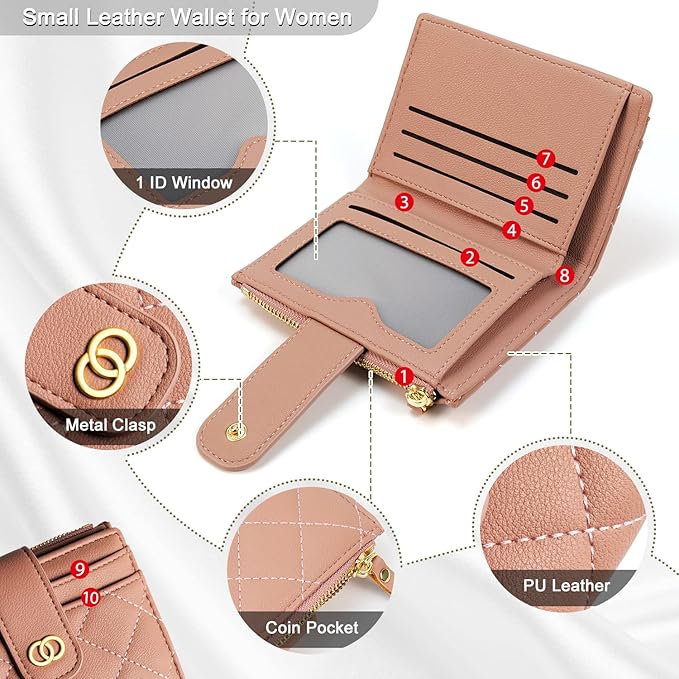 Avando Small Wallet For Women- Credit Card Holder Wallet For Women Girls- Zipper Small Bifold Wallet Mini Coin Purse With ID Window (Rose)