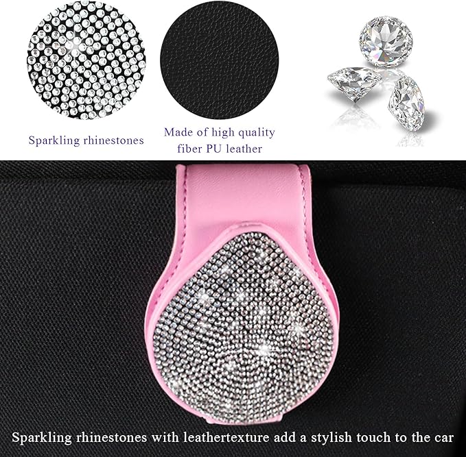 KVAEY Bling Sunglass Holder for Car Visor, Magnetic Leather Visor Clip Glasses Holder with Sparkling Rhinestones, Crystal Visor Ticket Card Clip for Women Girls, Car Accessories (Pink & White)