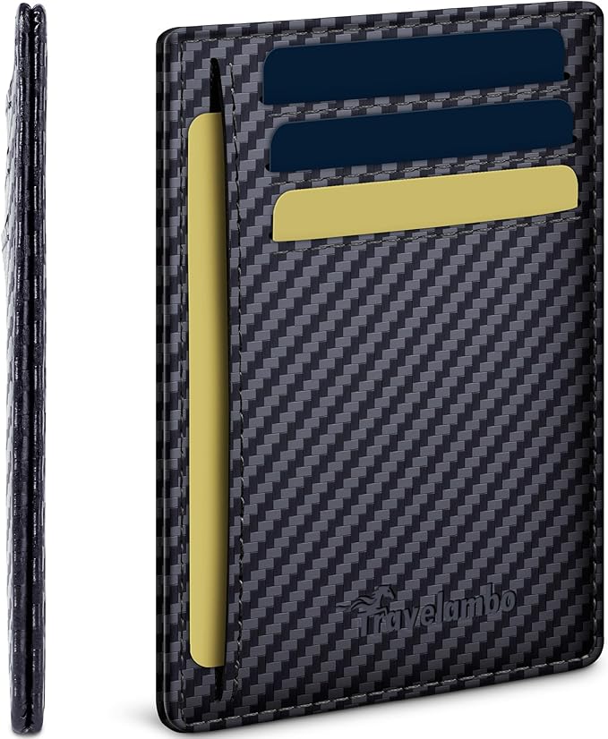 Travelambo 100% Genuine Leather Wallet for Men and Women, Slim Minimalist RFID Blocking Front Pocket Credit Card Holder with Gift Box(Carbon Fiber Black)