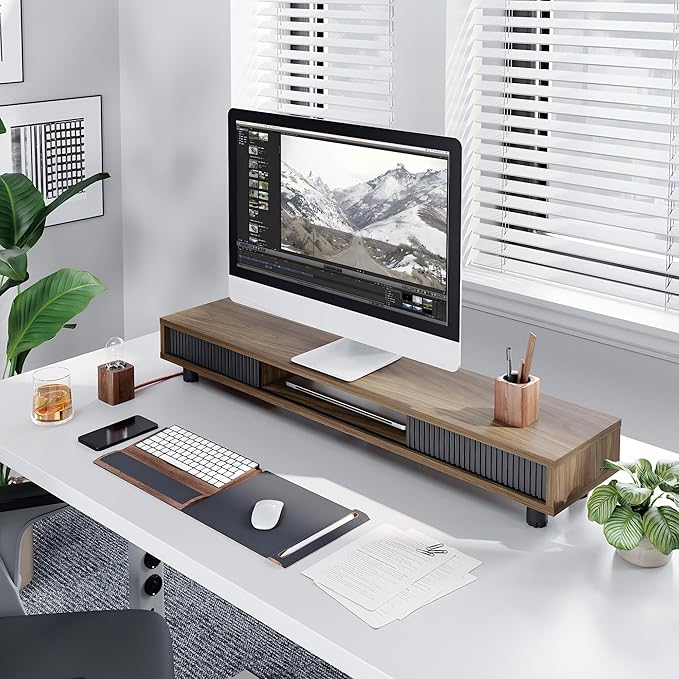 Fenge Dual Monitor Stand, 42.5inch Long Monitor Stands Riser for 2 Monitors, Sliding Door with Storage Organizer Stand for Desk, 2 Tier Desk Shelf for Laptop, Pc, Printer, Computer, TV