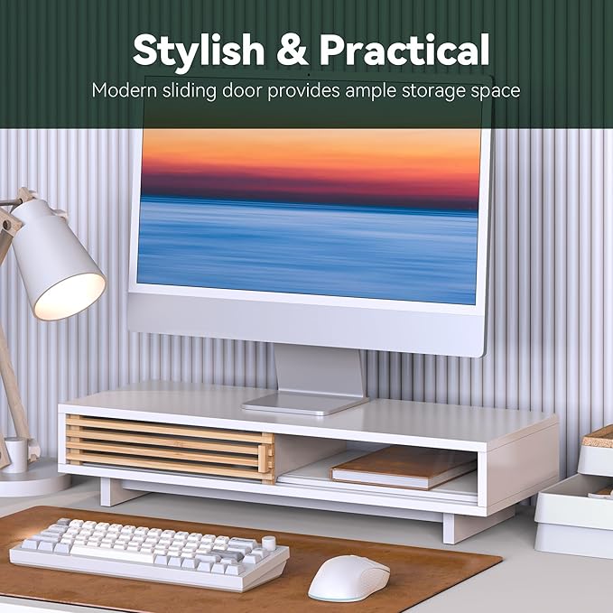 Monitor Stand with Sliding Bamboo Doors, 25 Inch Heavy Duty Wood Computer Monitor Riser, Ergonomic Desk Organizer with Storage & Keyboard Tray, Natural & white