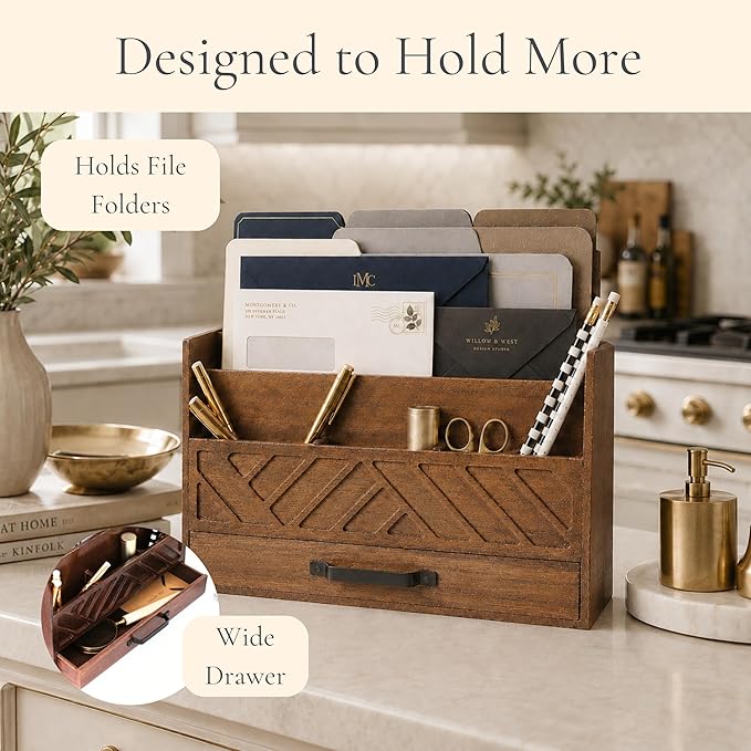 BLU MONACO | Wooden Mail Organizer with Drawer and Compartments | Mail Sorter Organizer Countertop for Desk Entryway | Outgoing Mail Holder Wood Desktop File Storage
