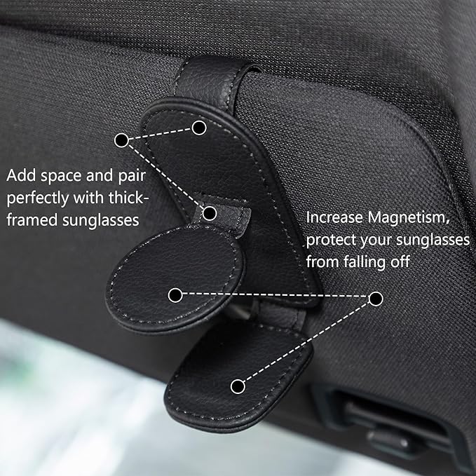 Konohan Sunglasses Holder for Car Visor Leather Eyeglass Hanger Magnetic Sunglasses Holder with 2 Clips (Black)