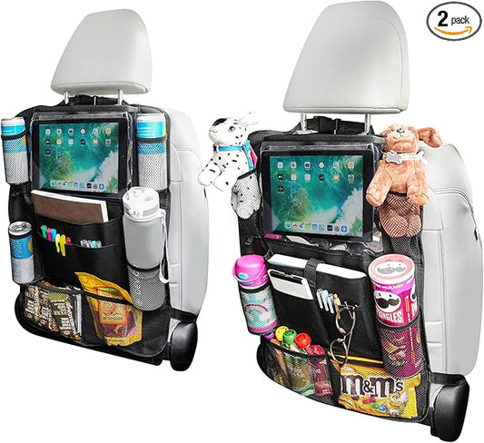 Car Seat Organizer With Touch Screen Tablet Holder And Multiple Pockets Waterproof Car Accessories Heavy Duty Oxford Fabric Backseat Car Organizer Protectors Kick Mats for Kids Toddlers - 2 Packs