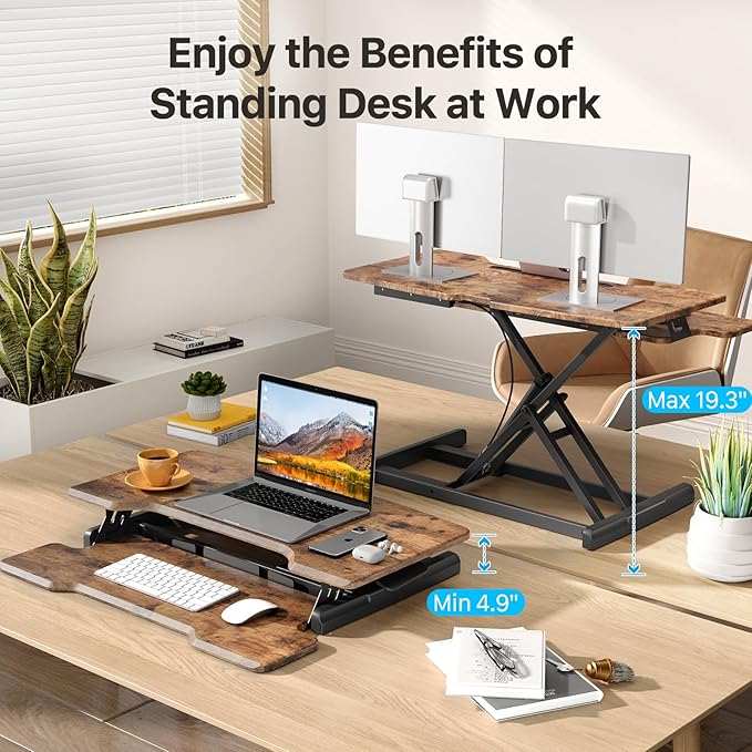 Standing Desk Converter 32 inch, Height Adjustable Sit Stand Desk Riser, Quick Sit to Stand Desktop Dual Monitor Riser Workstation for Home Office with Keyboard Tray, Rustic Brown