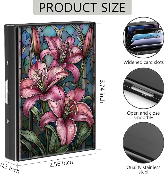 Credit Card Holder, Pink Lilies Design Mini RFID Blocking Aluminum Wallet Slim Metal Hard Case Shell Travel Wallet ID Case Small Credit Cards Case Business Cards for Women Men Girls