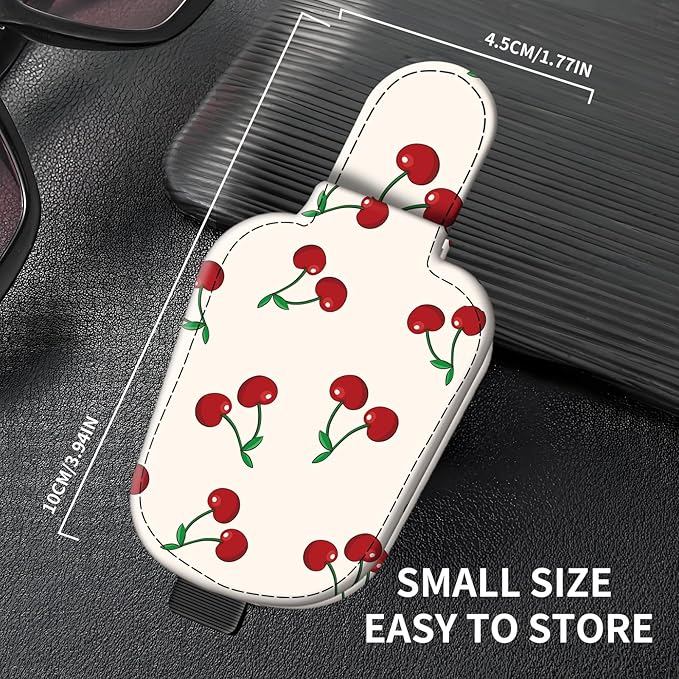 Leather Magnetic Sunglass Holder for Car Sun Visor, Cute Eyeglass Ticket Card Hanger Clip, Universal Auto Interior Accessories for SUV Pickup Truck Cute Red Cherry