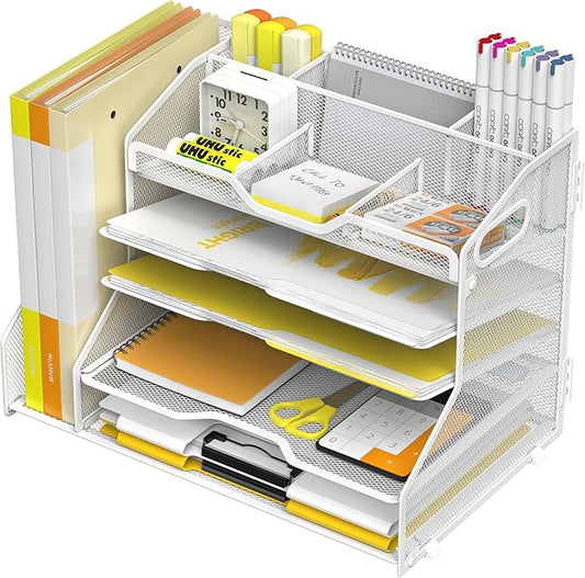 YINGHUA 5 Tier Paper Tray Letter Organizer with Top 6 Adjustable Compartments and File Holder - Paper Sorter Office Desktop Accessories with Handles for Document,Mail,School Supplies Storage,White