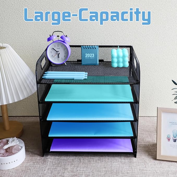 5 Tier Desk Organiser with Handle, Pull-Out Mesh File Organizer for Letter Tray Organizer Mesh Desk Organiser Tray Paper Storage Rack for A4 File Office Supplie, Black