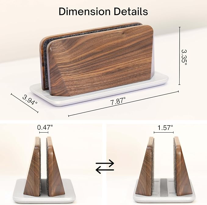 Vertical Laptop Stand, Solid Black Walnut Body & Silver-Finished Ash Wood Base, Wood Laptop Holder Vertical for Desk - Adjustable Dock (0.47"-1.57" Width) Fits Most Laptops, MacBooks