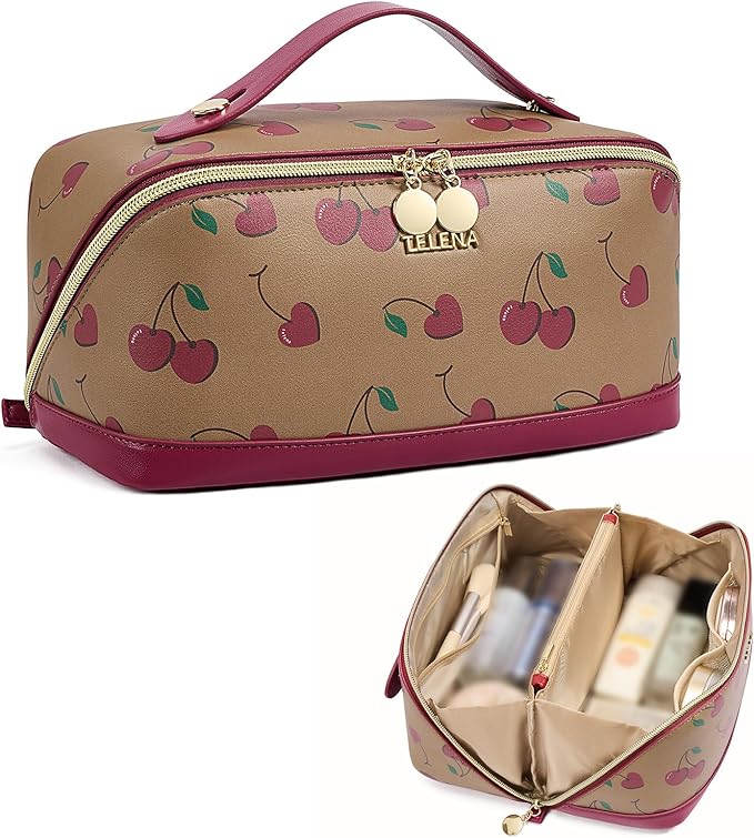 Telena Leather Make Up Bag Portable Travel Makeup Bag Waterproof Cosmetic Bags for Women Large Capacity With Handle and Divider Open Lay Flat