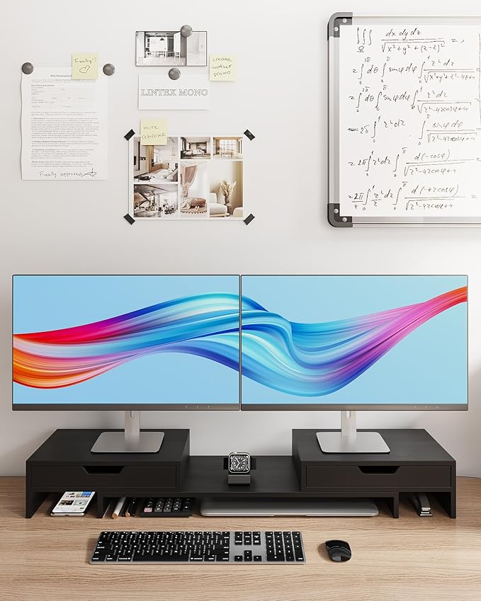 Epesoware Dual Monitor Riser with Two Drawers for Desk, Bamboo Monitor Stand Riser with Storage, Desk Shelf for Computer, IMac & Laptop, No Assembly Required, Black
