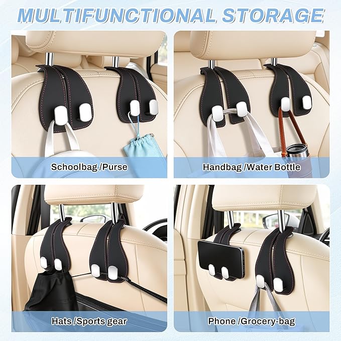 SINGARO 2PCS Car Purse Holder Hook, Seat Back Storage Hook, Leather-Wrapped Alloy Double Headrest Hook for Purses & Bags, Cute Car Interior Accessories for Women and Men, Black