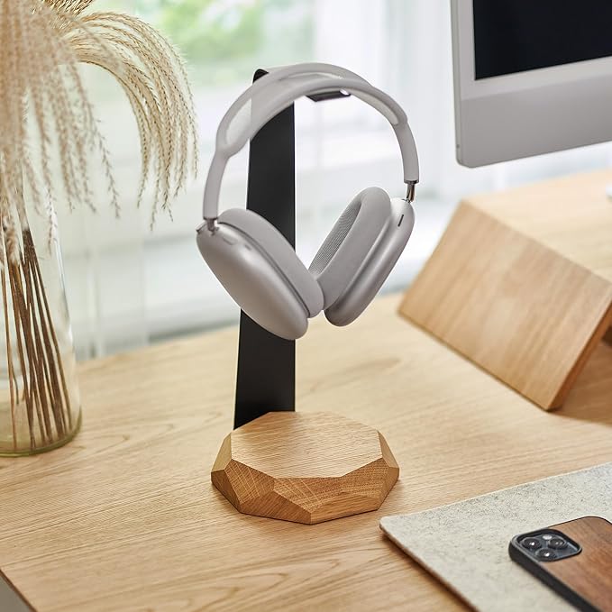 Oakywood 2-in-1 Wooden Headphone Stand with Wireless Charging - Wood Headphone Holder ??Stainless-Steel Base ??Handcrafted Headphones Stand for Desk - Qi-Compatible Wireless Charging ??Oak
