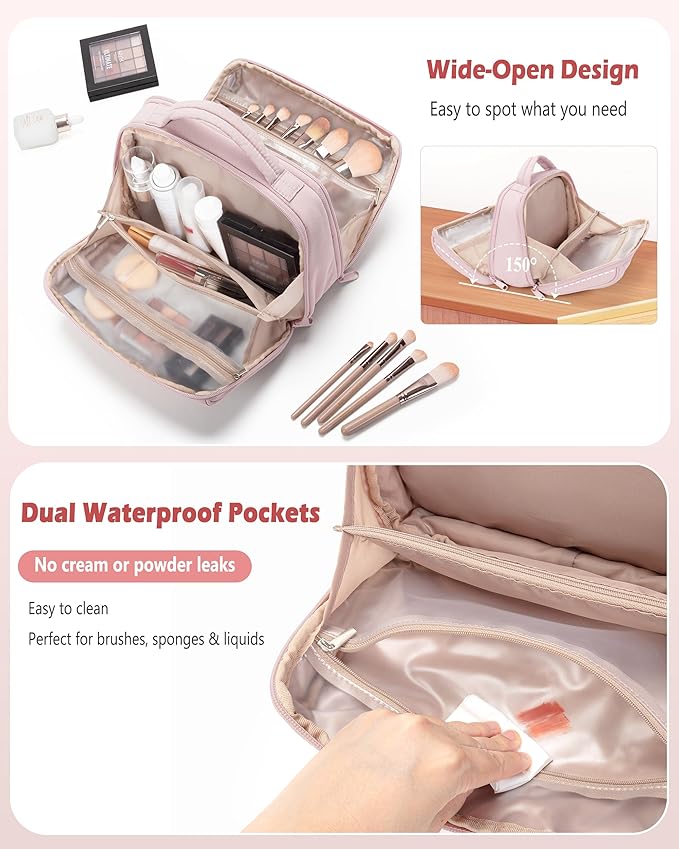 Marscamd Travel Makeup Bag for Women, Puffy Cosmetics Organizer with Waterproof Pockets, Toiletry Pouch for Makeup Brushes, Skincare & Travel Essentials, Pink (Bag Only)