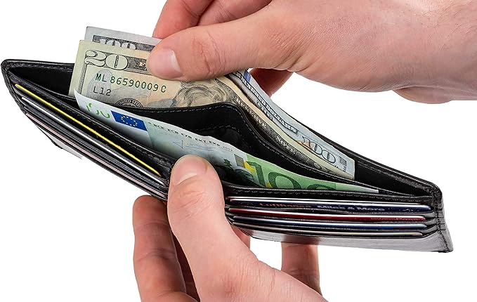 DiLoro Mens Wallet Full Grain Genuine Leather Slim Minimalist Front Pocket Bifold Soft Nappa RFID Protection Black