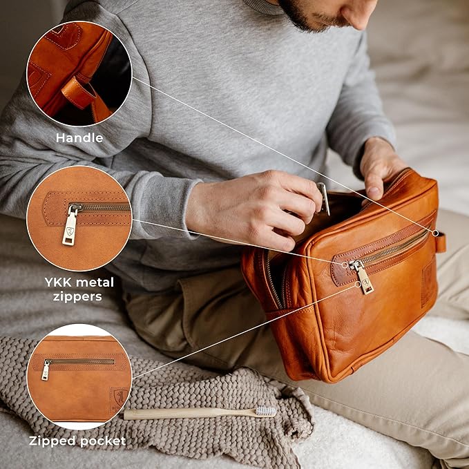 BERLINER BAGS Vintage Genuine Leather Toiletry Bag Paul, Large Capacity Cosmetics Bag for Men and Women for Travel - Brown (1 Compartment)