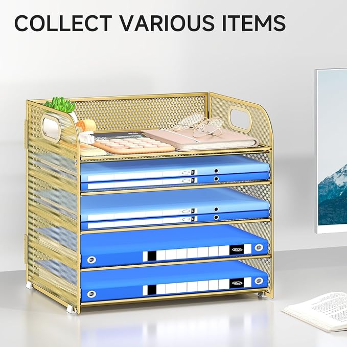 Paper Organizer Letter Tray with Handle Mesh 5 Trays Desk File Organizer Paper Sorter Desk Organizer for Office, Home or School-Gold