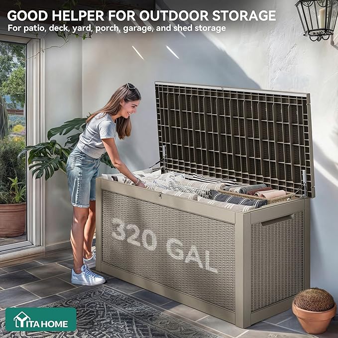 YITAHOME 320 Gallon XXL Large Deck Box, Outdoor Resin Storage Box, Lockable Storage Container for Patio Cushions, Furniture, Garden Tools, Water Resistant (Brown)