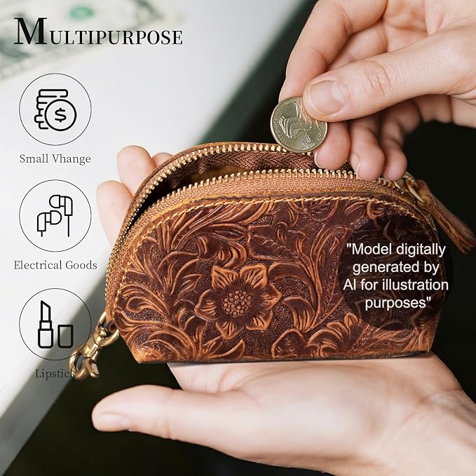 Gexmil Genuine Leather Coin Purse with Zipper, Full Grain Leather, Mini Coin Pouch for Women Men, Change Wallet,Floral Brown