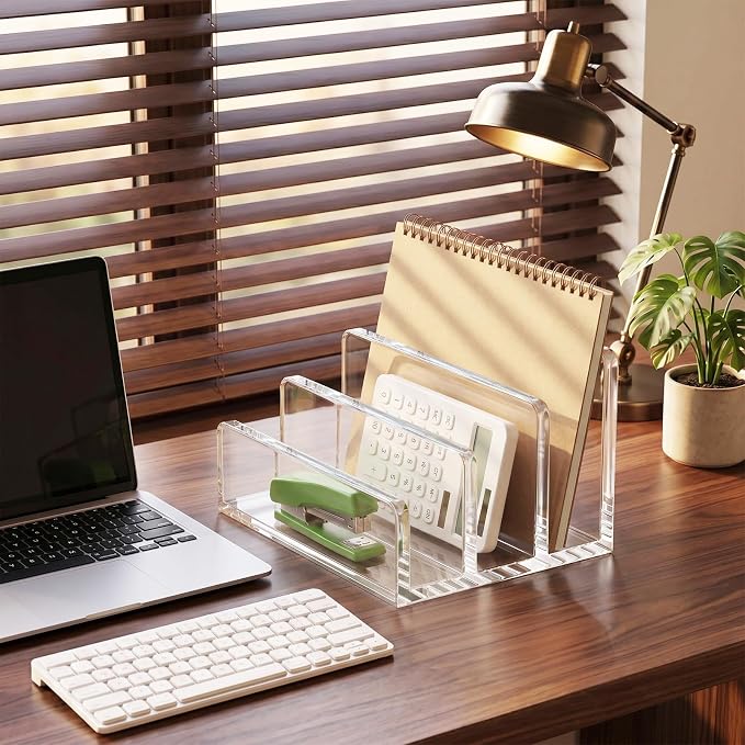 Clear Acrylic Mail Holder, 3-Compartment Vertical Letter Organizer for Desk, Space-Saving Desktop Files, Bills& Notebooks Holder for Home, Office & School