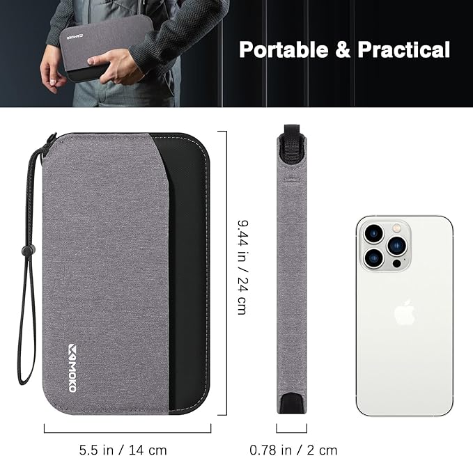 MoKo Family Passport Holder for 5, RFID Blocking Passport Wallet for Men Women, Travel Wallet Holder with Multiple Compartments, Travel Document Organzier for Cards, ID, Tickets, Keys, Gray