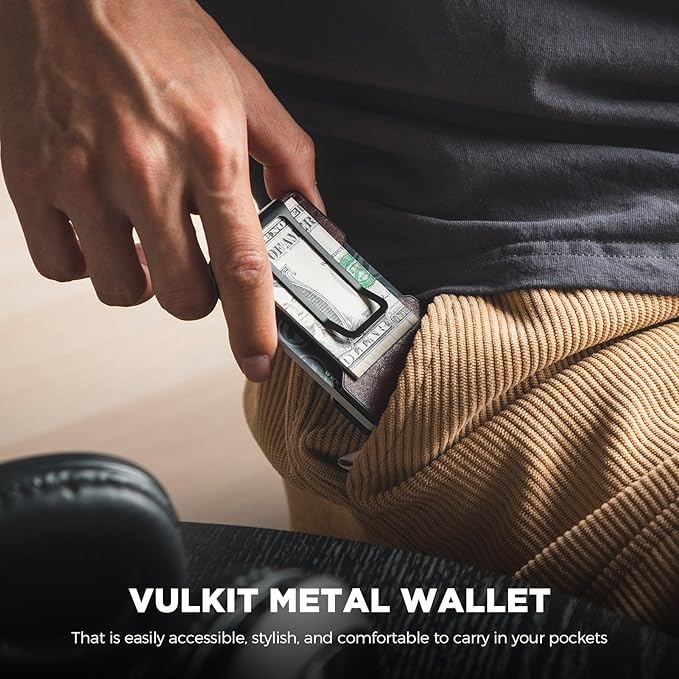VULKIT Men's Metal Wallet with Money Clip Slim Credit Card Holder, Minimalist Business Card Case Front Pocket Wallet for Men(Retro Epresso)