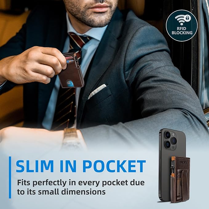 miyozi Men Wallet,with Money Clip Coins Pocket ID Window,Slim Front Pocket RFID Blocking Pop-up Card Holder 3.9"x 2.7", Gift Boxed