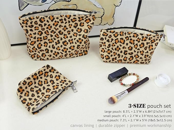 HAPPYHEIDI Cheetah Corduroy Makeup Bag Set 3 Cosmetic Toiletry Travel Pouch Purse Organizer, 3-Size, Vintage Brown Leopard