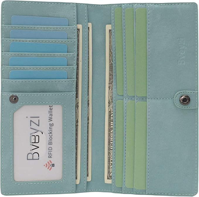 Bveyzi Ultra Slim Thin Leather RFID Blocking Credit Card Holder Bifold Clutch Wallets for Women