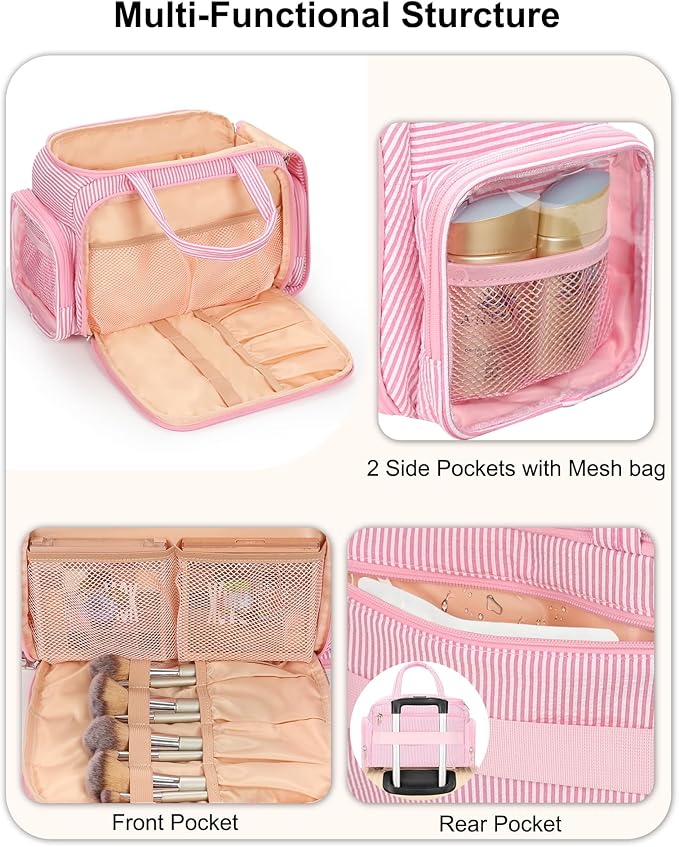 Travel Makeup Bag, Lightweight Wide-open Toiletries Bag for Women, Large Cosmetic Organizer Bag with Makeup Brushes Compartment for Travel-Sized Essentials for Trip, Camping - Pink Strip