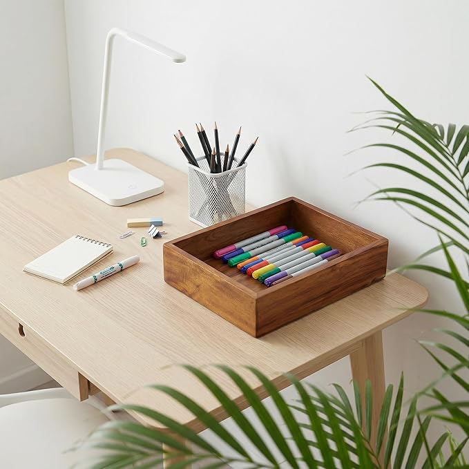 Demigo Acacia Wood Desk Organizer Tray - 9.5x6.7x2 Inch Letter & Stationery Holder for Office, Entryway, Desktop - Natural Wood Catchall for Pens, Mail, Keys