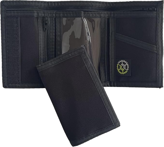Sprocket Nylon Trifold Wallet with Zippered Coin Pocket (Black), 3 x 5