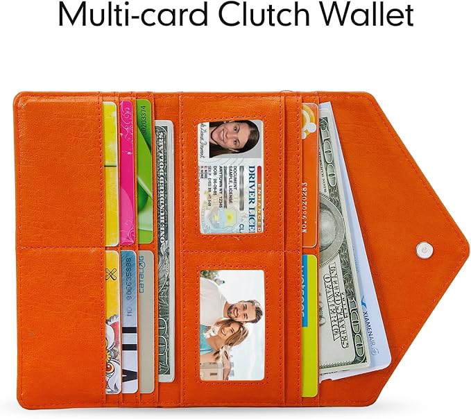RFID Slim Wallet for Women Thin Card Holder Travel Trifold Clutch Ladies Long Billfold, 2 ID Windows, Orange