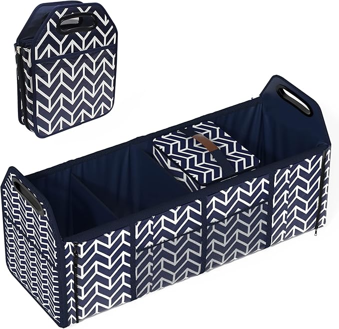 Trunk Organizer for car, Foldable Car Storage Bag Portable Insulation Cooler Bag Collapsible Vehicle Organizer Divider Storage Totes with 4 Compartment Cargo Tote for Groceries Caddy SUV, Navy Blue